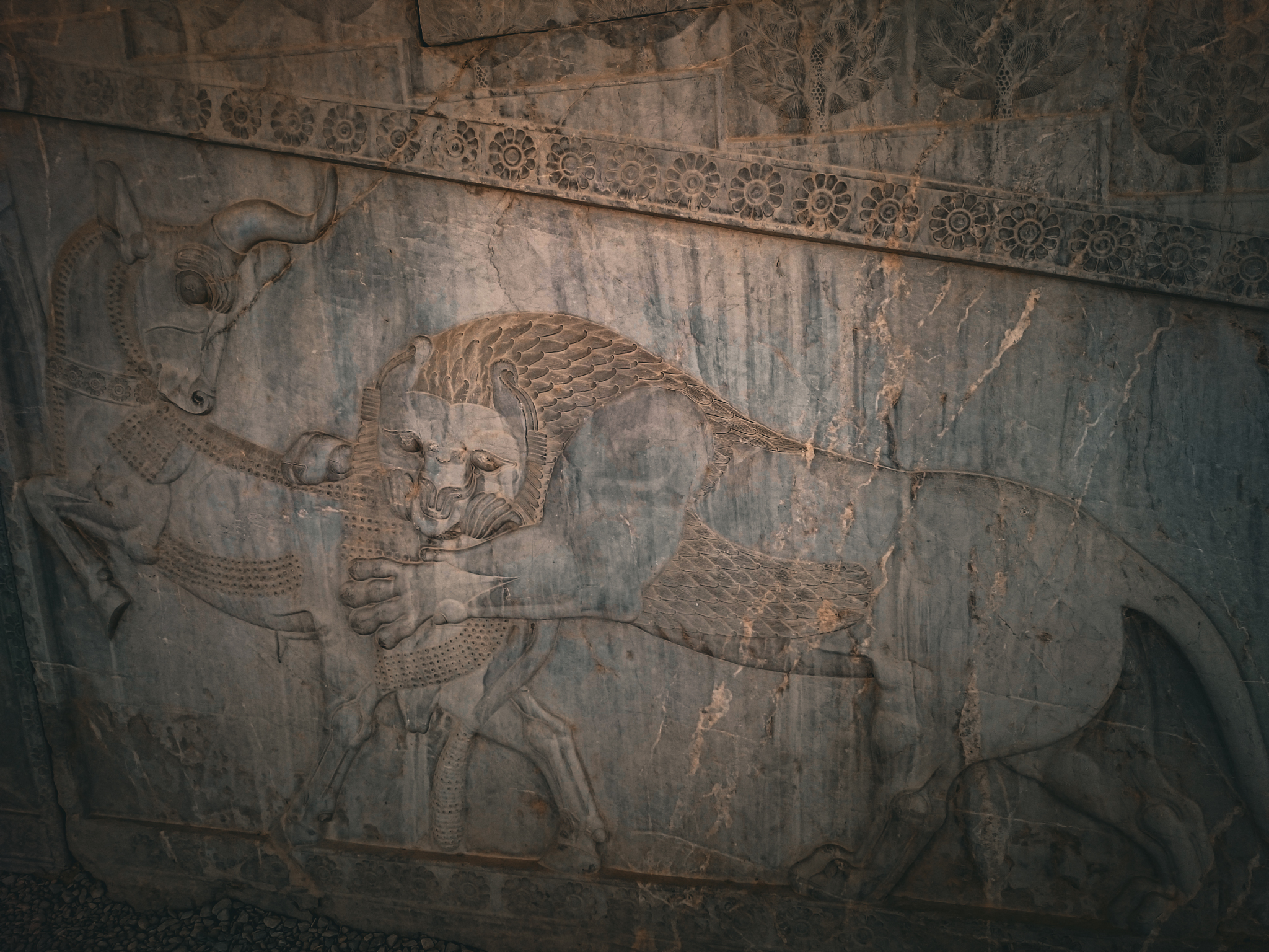 Stone bas-relief at Persepolis showing a lion attacking a bull, topped by a row of lotus flowers and a row of cypress trees.